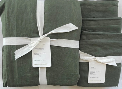 Pottery Barn BELGIAN FLAX LINEN GALEN Duvet KING & 3 EURO Shams Cypress NWT