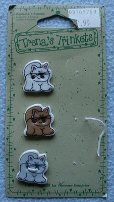 3 New Novelty Ceramic CAT BUTTONS by Trena's Trinkets w/Card 2-Hole Sew Thrus