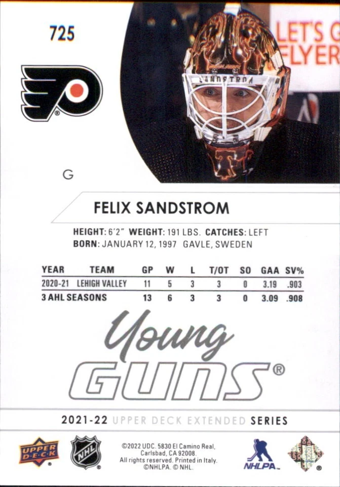2021-22 Upper Deck Extended Series Felix Sandstrom Young Guns # 725 Rookie MINT - Image 2 of 2