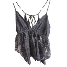 Vintage Y2K Sheer Lace Mesh Babydoll Cami Crop Top S Black Boho Fairy Whimsigoth