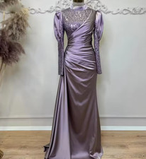 Purple Satin High Neck Mermaid Modest Wedding Dresses Elegant Long Sleeves