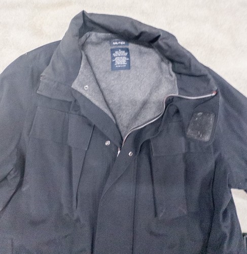 Vintage Nautica Jacket Mens Large Black Hooded Zip Fleece Lined Coat Adjustable - Picture 2 of 11