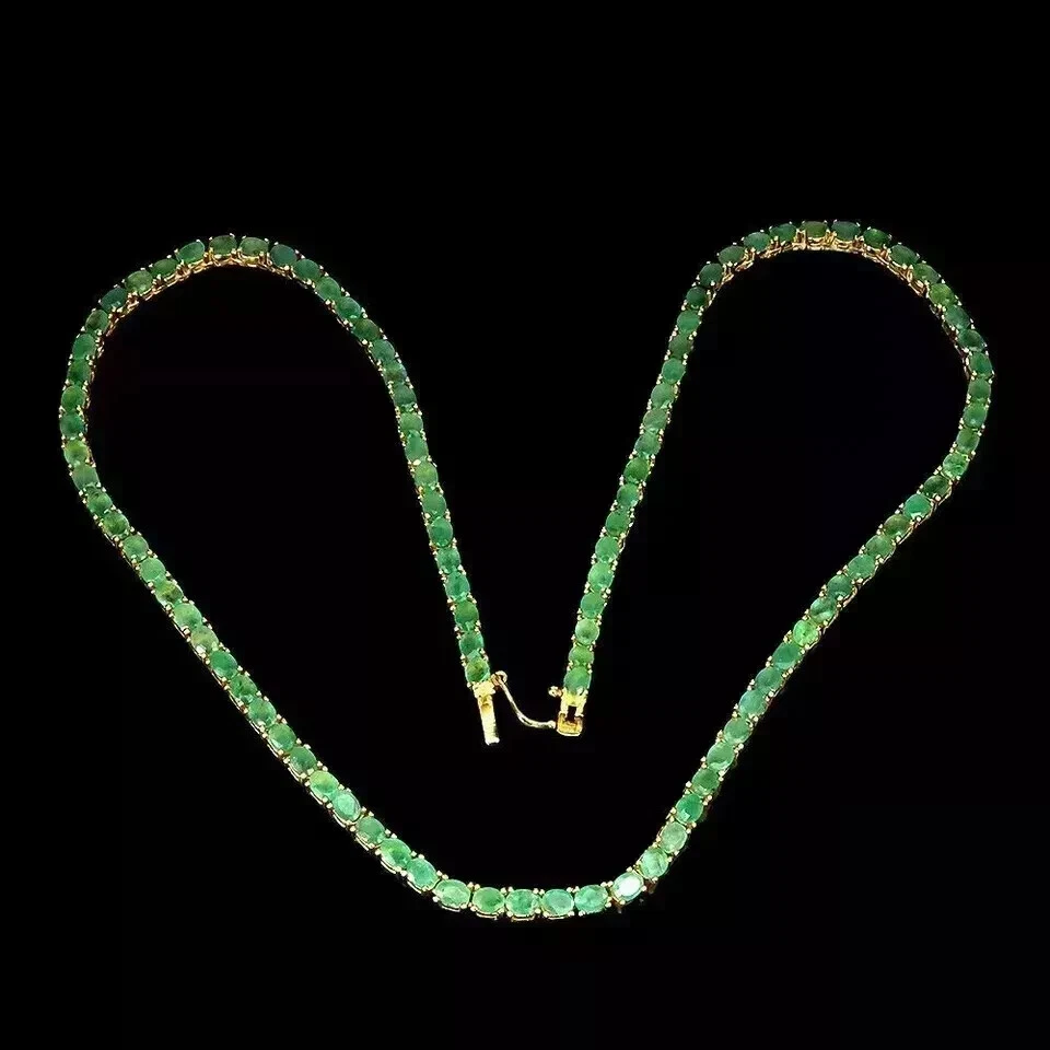 12Ct Oval Cut Lab-Created Green Emerald Tennis Necklace 14K Yellow Gold Plated - Image 3 of 4
