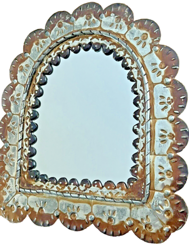 Handmade Punched Tin Arch Mirror Silver and Copper Color - Picture 2 of 5