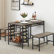 Kitchen Table and Benches ,3pcs Dining Table Set with Wine Rack & Storage Shelf