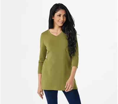 Issac Mizrahi 3/4 Sleeve Knit Top with Side Slits-Green Olive-Medium-NEW-A384098