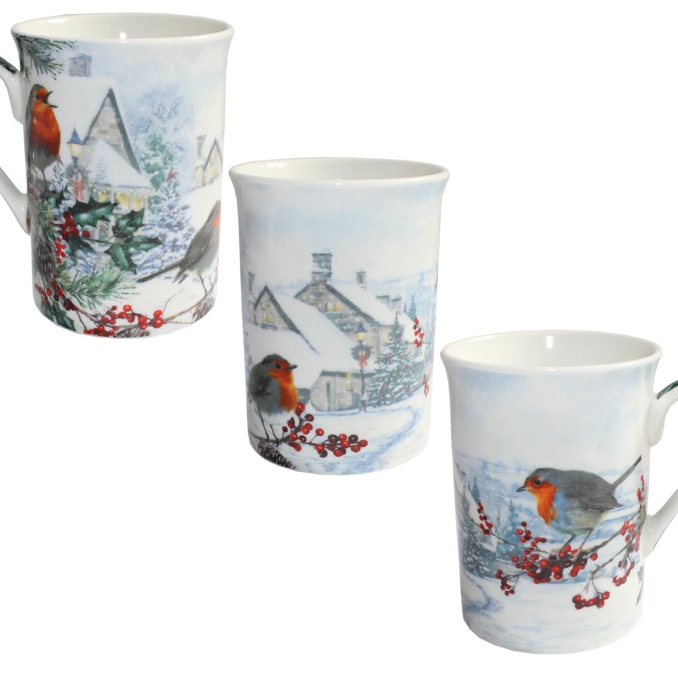 Christmas Mug Fine China Tableware Gift Boxed Robin with Berries eBay