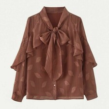 Damen Hemd Bluse Schleife Rüschen Vintage Lang Ärmel Chiffon Top Blatt Futter