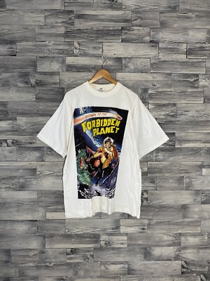 TRUE Vintage 90s Men's 'Forbidden Planet' Sci-Fi Movie Rare White T-Shirt Sz XL