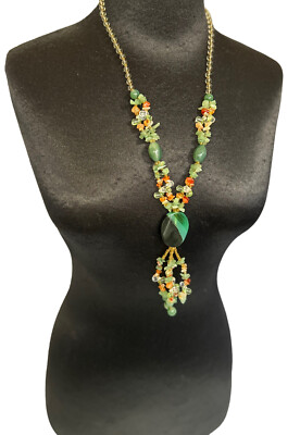 Necklace Glass Stone + More Beads  Handmade Green, Clear, Rust  18 Unique New