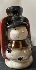 Christmas Lot Of 3-Stoneware Ceramic Snowman Candle Holder+2 Snowman Decor Fig.