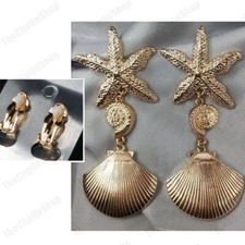 CLIP ON 3.25"long BIG DROP EARRINGS large GOLD FASHION starfish SEA SHELL star