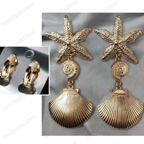 CLIP ON 3.25"long BIG DROP EARRINGS large GOLD FASHION starfish SEA SHELL star