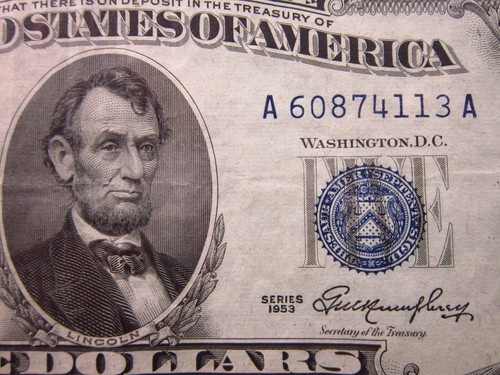 USA $5 1953 A60874113A # SILVER Certificate BLUE Seal Lincoln Money America