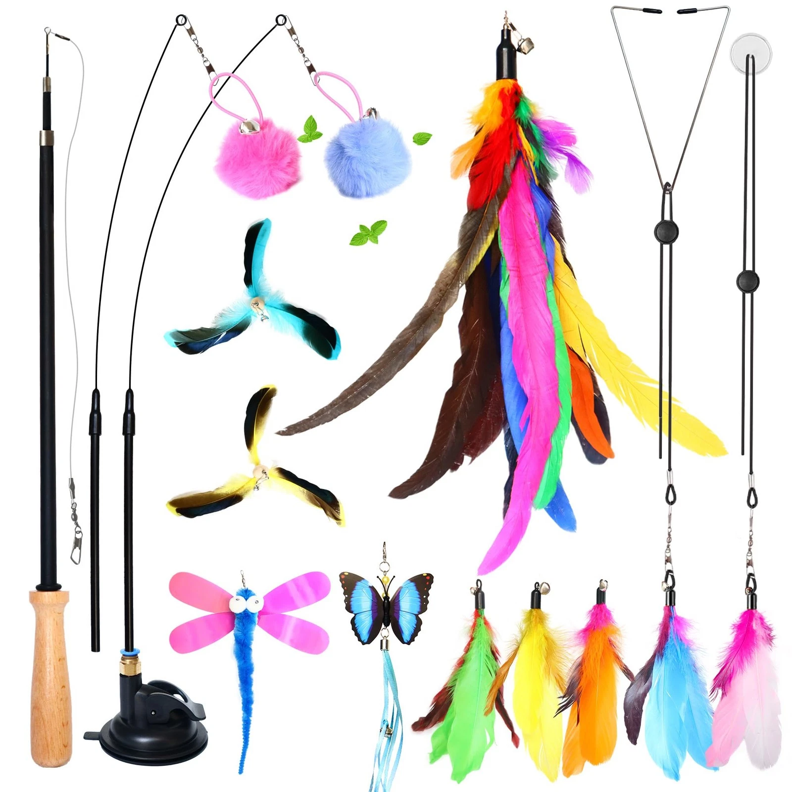 4-in-1 Interactive Cat Toys Set 12 PCS Replacements Fishing Pole Suction Cup