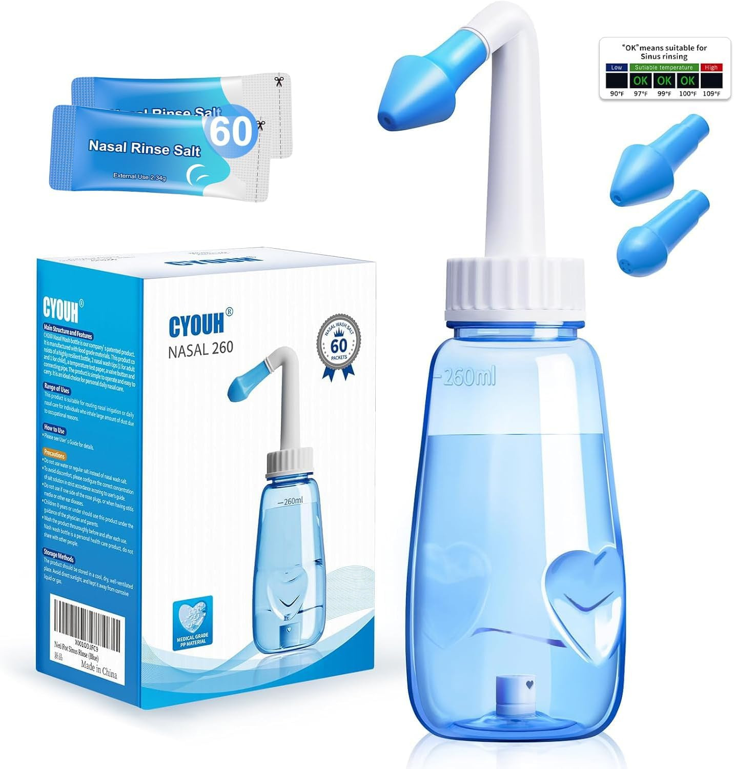Sinus Rinse Kit, Neti Pot 260 Ml, with 60 Packets Nasal Wash Salt, Nasal Wash No