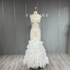 Luxury White Feathers Rhinestones Evening Dress Long Wedding Party Gown Mermaid