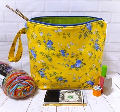 Knitting Crochet Project Bag Yarn Storage Travel Floral Wristlet Tote Handmade