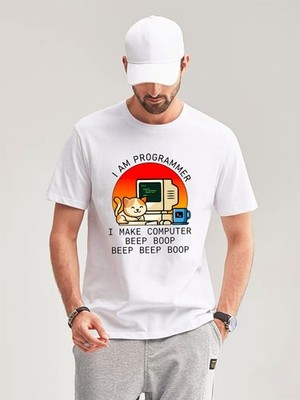 T-Shirt I Am Programmer I Make Computer Beep Boop Cat IT Computer Tech Nerd Tee