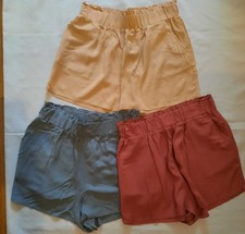 PRIMARK X 3 SHORTS GREEN ,ROSE,CREAM SIDE POCKETS ELASTICATED FRILL WAIST SZ  12