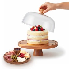 12" Cake Stand w/Glass Dome, Wood Display  Serving Tray for Dessert