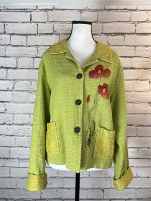Odile Green Floral Hand Painted Lightweight Jacket Shacket Vintage Size Large