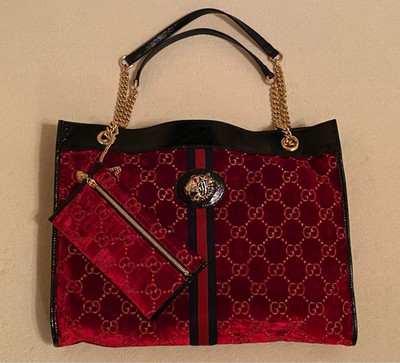 Gucci Raja TIGER Head Vevet CHAIN   Tote Bag red black Near Mint Item From Japan