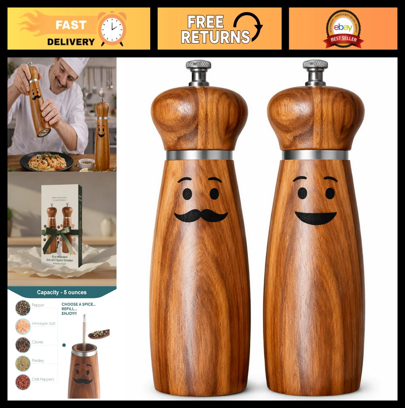Adjustable 8" Acacia Wood Salt & Pepper Grinder Set - Refillable Manual Mills, C