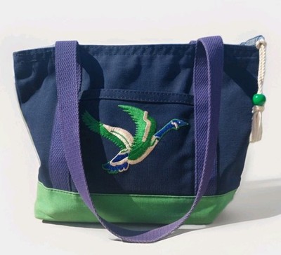 CANADA GOOSE EMBROIDERY Navy Lime Green Canvas Cloth Purse 2 Strap Zip Top Mimi 