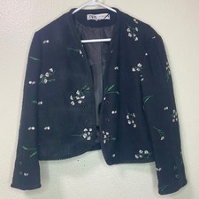Zara Black Floral Embroidered Tweed Jacket Braided Trim Jewel Button Size XL