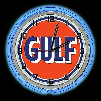 19" Gulf Gas Oil Vintage Logo Sign Double Blue Neon Clock Man Cave Bar ...