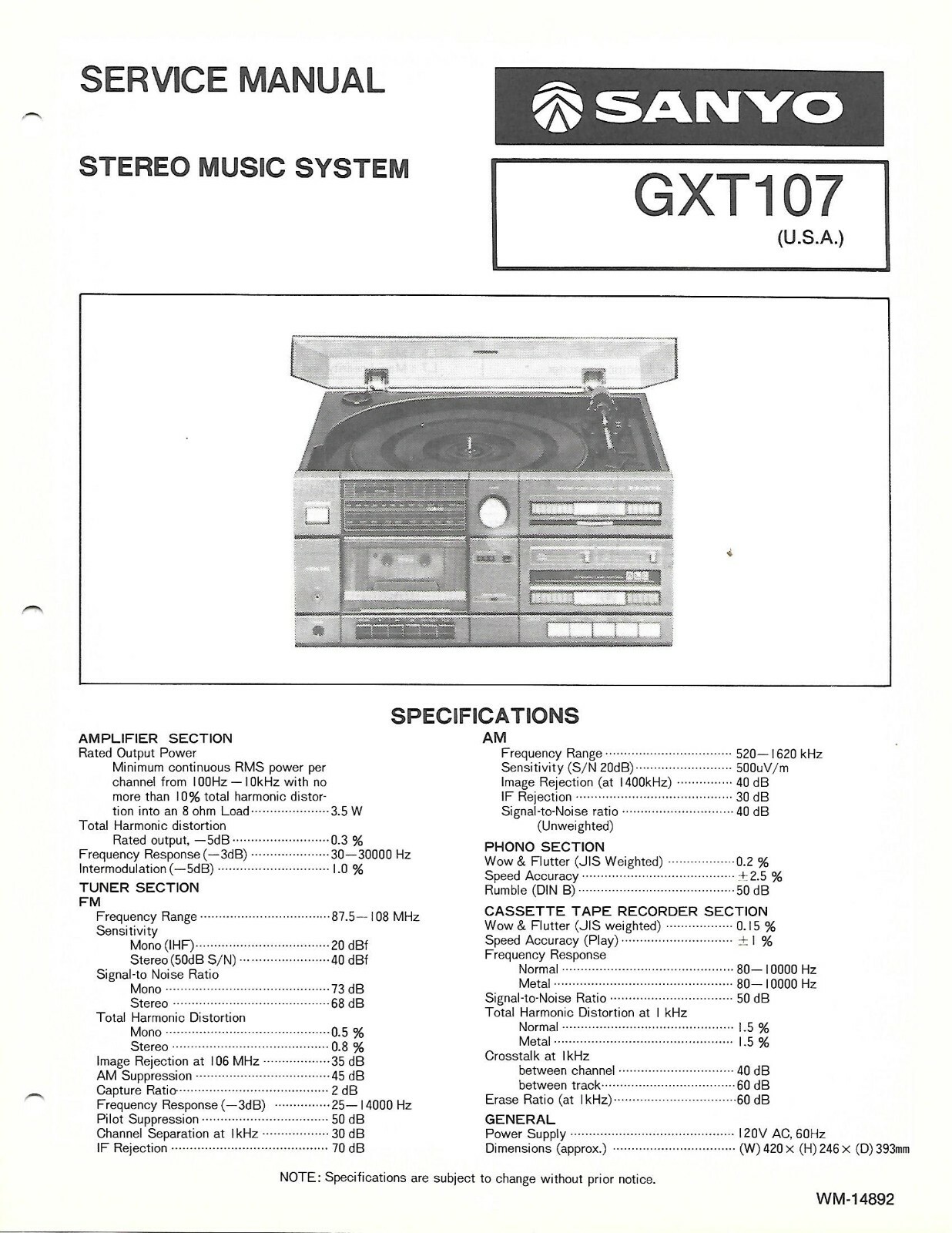 SANYO GXT107 STEREO MUSIC SYSTEM FACTORY REPAIR SERVICE MANUAL ENGLISH