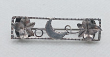 Vintage Signed 925 Silver Rectangular Brooch With Crescent Moon & Leaves Design 