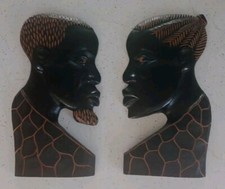 Pair Vintage Wooden African Profile Man And Woman Tribal Carved Wall Hanging 17"