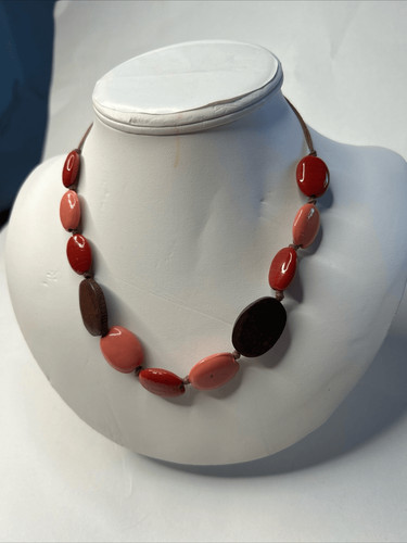 Necklace 8” clay and wood red pink brown