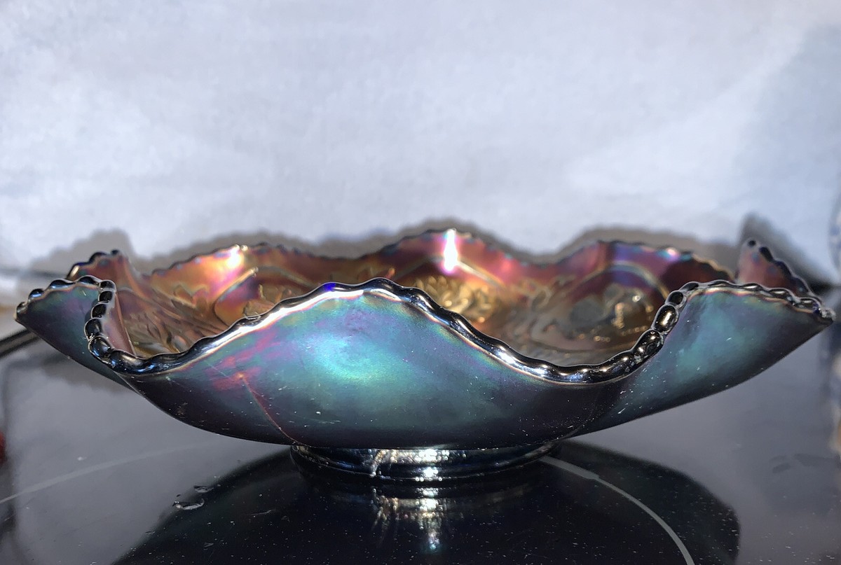 Antique Fenton Dragon and Lotus Carnival Glass Cobalt Base Bowl 8