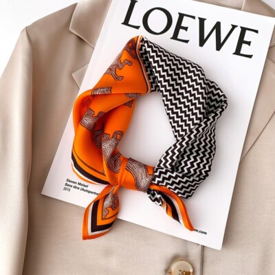 100% Mulberry Silk 20'' Small Square Scarf Women neckerchief Wrap Orange Horse