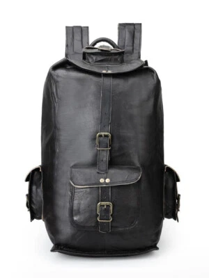 Grand sac à dos vintage pour homme en cuir noir véritable 18" sac à dos de vo... - Photo 1/4