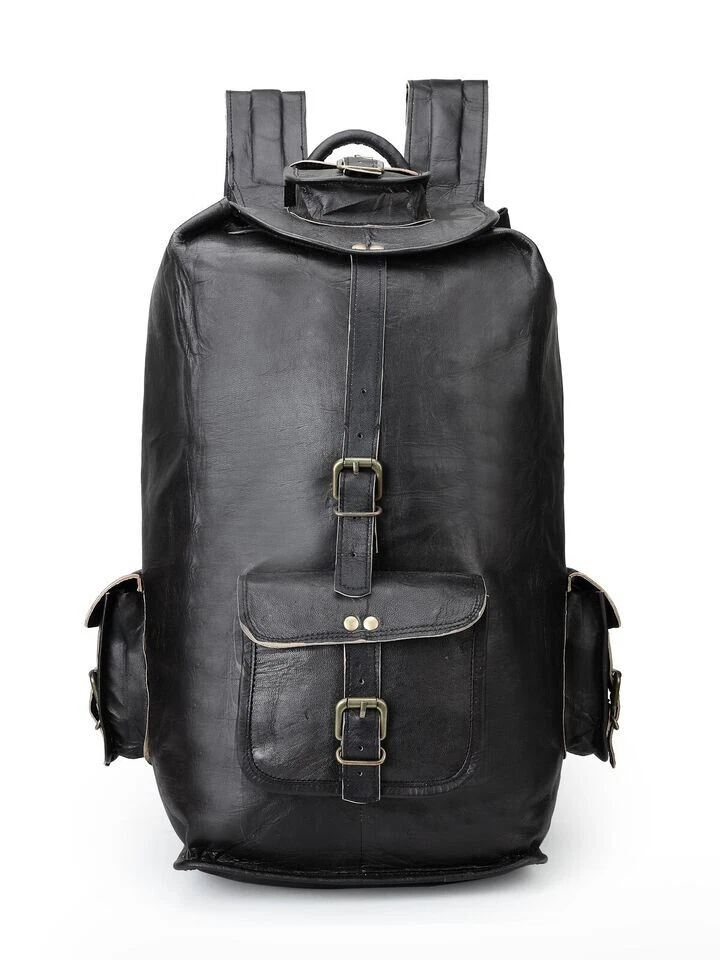 Grand sac à dos vintage pour homme en cuir noir véritable 18" sac à dos de vo... - Photo 1/4