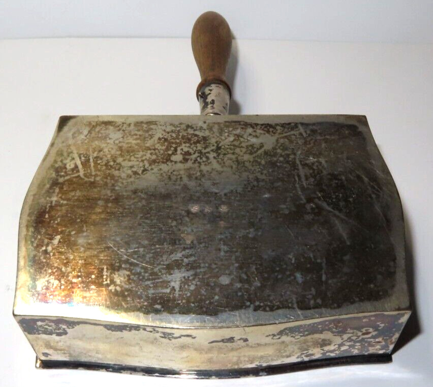 Antique Silver Plate Silent Butler Crumb Catcher Wood Handle w/ Lion & Crown