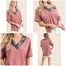 NWT BiBi boutique Distressed knit top camo raw edge v-neck dusty rose sz L