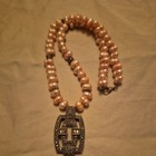 Vintage Art Deco Sterling Silver Marcasite Genuine Pink Pearl Pendant Necklace — photo 1