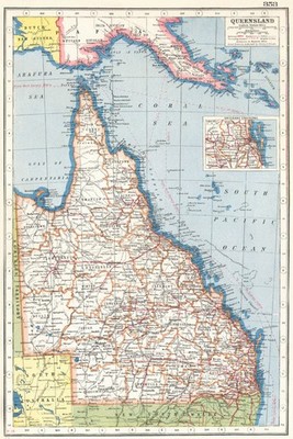 QUEENSLAND. Landeskarte zeigt Landkreise. Einsatz Brisbane Umgebung 1920 alt