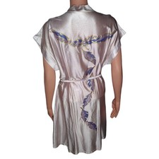 70's Vintage Purple Hand Painted Satin Kimono Robe Feathers Gold Short