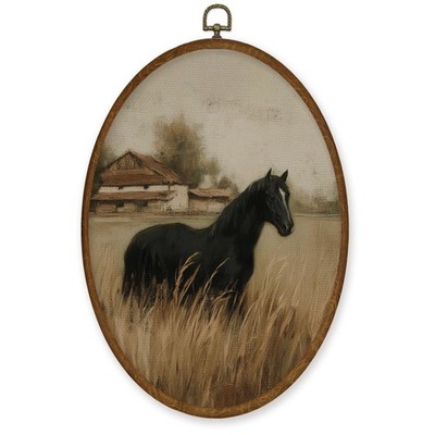 Vintage Black Horse Wall Art Decor, Rustic Cottagecore Animal Oval Framed Can...