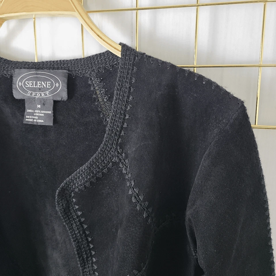 Chaqueta Mujer Mediana Genuina Gamuza Flecos Crochet Patchwork Western Frente Abierto-R Foto 4 de 4