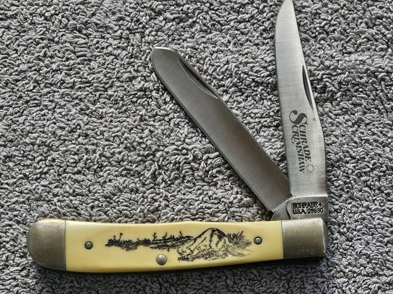 Vintage Schrade+ 296SC Beaver Scrimshaw Trapper Double Blade Pocket Knife #1774