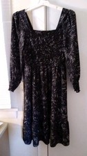 Nine West Tier Midi Dress Smocked XL Black Print Long Sleeve
