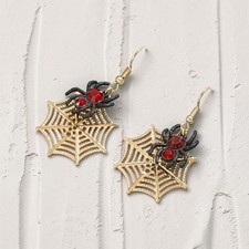 Spiderweb Earrings Gold Tone Web & Black Spider Halloween Spooky Drop Jewellery
