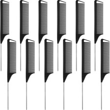 12 Packs Rat Tail Combs Black Hair Comb Stainless Steel Pin Tail Carbon Fiber He